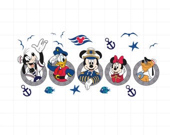 May include: Five Disney characters, Mickey Mouse, Minnie Mouse, Donald Duck, Goofy, and Pluto, are depicted in a nautical theme. Each character is wearing a sailor hat and is peeking out of a round porthole. The portholes are surrounded by a blue and white rope design. The background is a white grid pattern.