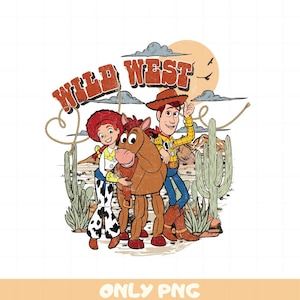 Puede incluir: Una ilustración de dibujos animados de Woody, Jessie y Bullseye de Toy Story en un escenario del Salvaje Oeste. Los personajes están vestidos con atuendos de vaquero y están de pie frente a un cactus y una puesta de sol.