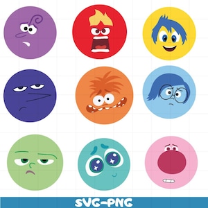 May include: Nine colorful circular graphics, each depicting a different emotion from the movie "Inside Out." The emotions are represented by cartoon faces in various colors, including purple, red, yellow, blue, orange, green, and pink. The text "SVG-PNG" is at the bottom.