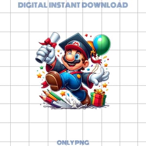 Mario de graduación PNG, clipart de toga y birrete de la clase de 2025, arte digital del diploma de Super Mario, archivo de sublimación de graduación de videojuegos