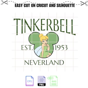 May include: Green and white Tinkerbell graphic with a Mickey Mouse ear silhouette. The text reads "Tinkerbell Est. 1953 Neverland".