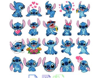 May include: A set of 20 blue Stitch character illustrations in various poses, including holding a heart, wearing sunglasses, and eating ice cream. The illustrations are perfect for crafting projects, scrapbooking, and digital design.