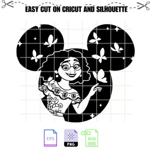 Può includere: Silhouette in bianco e nero di una testa di Topolino con una donna con i capelli scuri e gli occhiali che indossa un vestito con un motivo floreale all'interno dell'orecchio sinistro. Lo sfondo è pieno di stelle e farfalle.