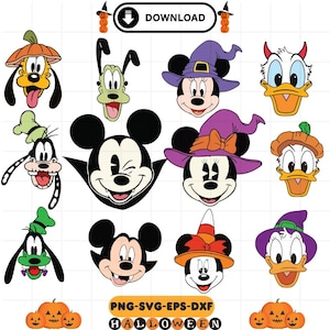 May include: A collection of Halloween-themed cartoon character illustrations. Includes Mickey and Minnie Mouse, Donald Duck, and Goofy, each in various costumes, along with pumpkins and the word "HALLOWEEN". The image also contains the text "PNG-SVG-EPS-DXF".
