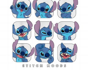 Stitch Moods Printable Wall Art, Cute Disney Stitch Faces PNG, Digital Stitch Emotions Funny Instant Download Poster