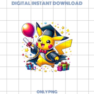 May include: A digital illustration of a yellow cartoon character wearing a graduation cap and gown, holding a diploma and a red balloon. The image includes gift boxes and stars, with the text "DIGITAL INSTANT DOWNLOAD" and "ONLYPNG".