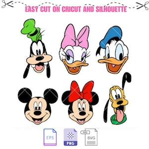 Micky, Minnie, Donald, Gänseblümchen, Goofy, Pluto Bundle Scharfsinn, Kawaii Freunde Muster, Disney Charaktere Silber, Cricut, Silhouette Vektor Schnittdatei