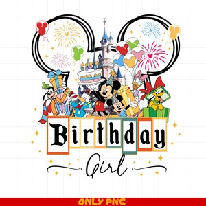 Puede incluir: Un diseño de cumpleaños colorido con Mickey Mouse y sus amigos celebrando frente al icónico Castillo de Cenicienta en Disney World. El texto "Birthday Girl" se muestra en una pancarta debajo de los personajes.