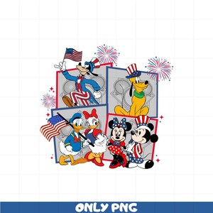 May include: A colourful illustration of Mickey Mouse, Minnie Mouse, Donald Duck, Goofy, and Pluto dressed in red, white and blue patriotic outfits. They are holding American flags and celebrating Independence Day.