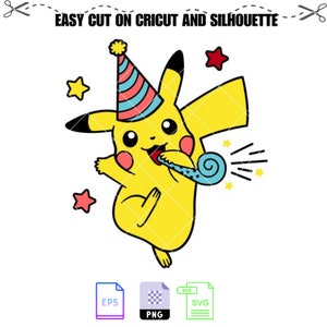 Op de afbeelding: Een geel cartoonfiguur met een feestmuts op dat op een feesttoeter blaast. Het figuur is omringd door sterren. De afbeelding is gelabeld met "Easy Cut on Cricut and Silhouette".