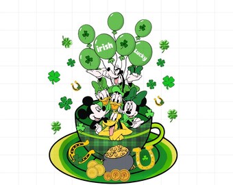 St Patrick's Mickey, Minnie, Donald, Daisy, Goofy, Pluto Png, Kawaii Friends Png, Disney Characters Png, Cricut, Silhouette Vector Cut File