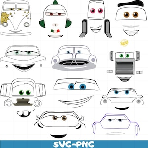 Cars Face SVG PNG Digital Bundle, Cartoon Car Face Clipart for Cricut, Silhouette, Birthday Shirt, Cup, Party Decoration Design