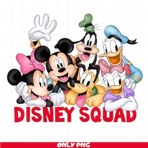 May include: A group of Disney characters, including Mickey Mouse, Minnie Mouse, Goofy, Pluto, and Donald Duck, are gathered together. They are all smiling and looking happy. The text "Disney Squad" is written in red letters below the characters.