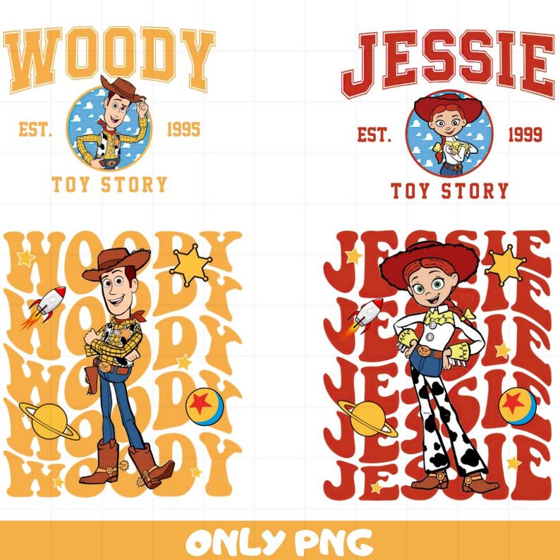 May include: Two digital illustrations of Woody and Jessie from Toy Story. Woody is wearing his classic cowboy outfit and is standing with his arms crossed. Jessie is wearing her cowgirl outfit and is standing with her hands on her hips. Both characters are surrounded by their names in a retro font.