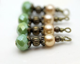 Vintage Style Opaque Green Crystal Rondelle and Golden Pearl Bead Dangle Drop Set