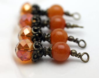 Antiqued Orange AB Rondelle Crystal with Orange Gemstone Bead Dangle Drop Set