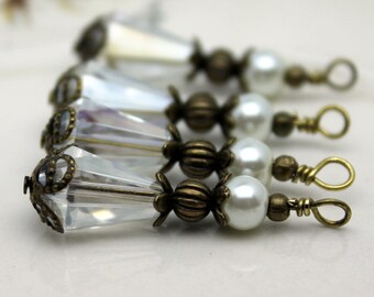 Clear Teardrop Crystal and Pearl Bead Dangle Charm Pendant Drop Set with Antique Brass, Pendant, Earring Dangles, Charm