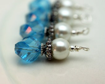 Aqua Blue Rhombus Cut Crystal and Pearl Bead Drop Dangle Charm Set