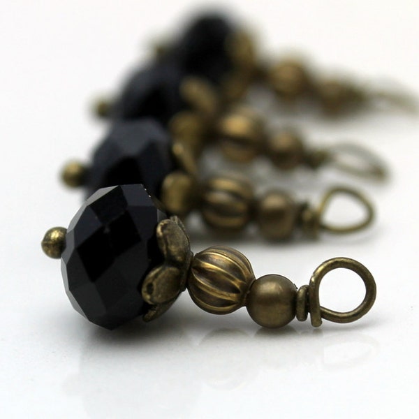 Black Crystal Rondelle and Brass Bead Dangle Charm Drop Set