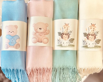 Baby Shower Pashmina Favors: Vegan Viscose Shawls with Custom Bands
