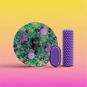 May include: A circular sensory disc filled with green and black beads, featuring a black cat figurine and purple accents. Beside it sits a small oval purple textured brush and a tall purple cylindrical roller with a spiked surface.