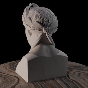 May include: A white bust of a person wearing a laurel wreath, viewed from the back. The sculpture has detailed hair and a draped cloth tied at the neck. It sits on a round, brown and tan marbled surface against a black background.