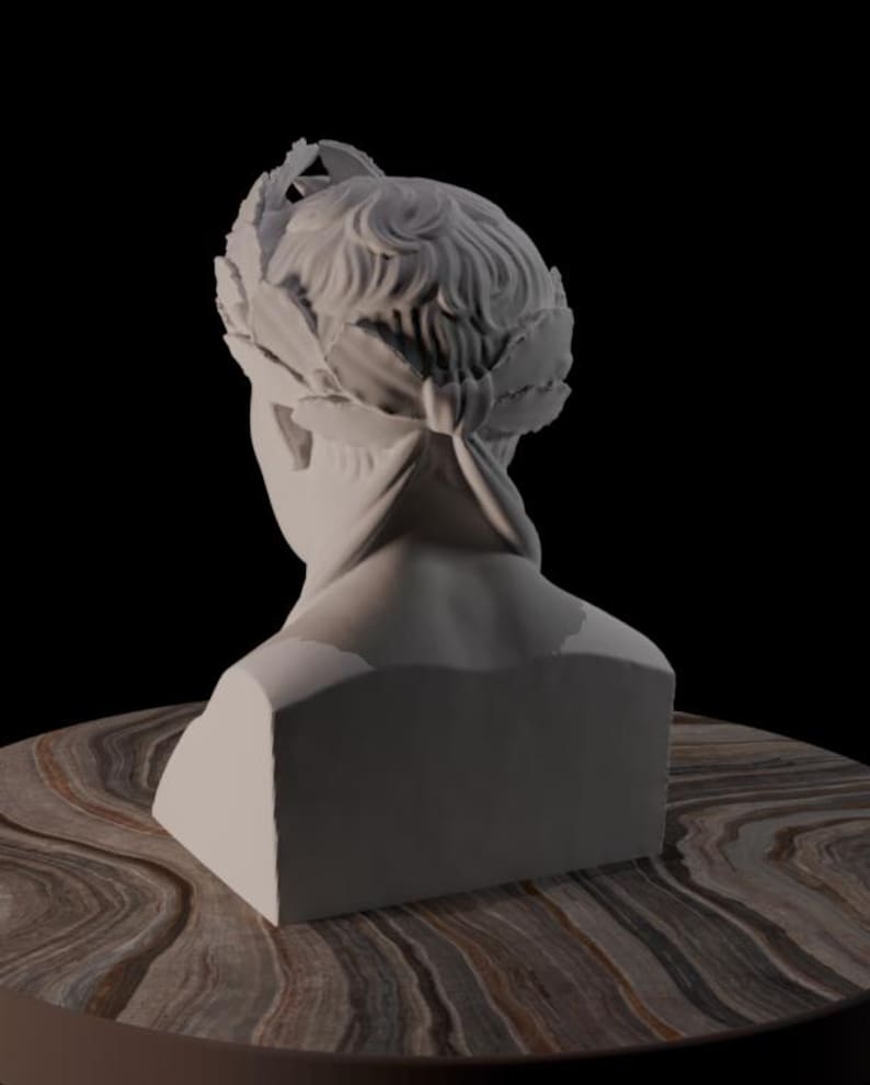 May include: A white bust of a person wearing a laurel wreath, viewed from the back. The sculpture has detailed hair and a draped cloth tied at the neck. It sits on a round, brown and tan marbled surface against a black background.
