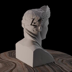 May include: A white bust of a person with a laurel wreath crown. The sculpture is set on a round table with a brown and tan marble-like surface. The background is black.