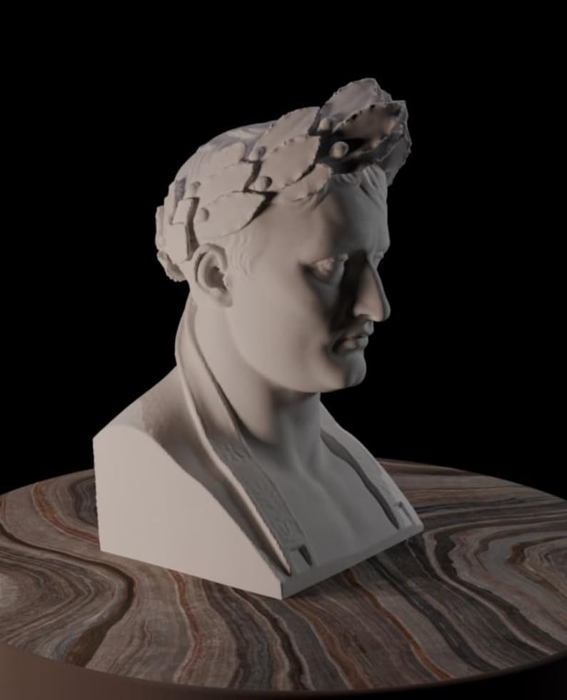 May include: A white bust of a man wearing a laurel wreath, set against a black background. The sculpture is on a round, brown and tan marbled surface. The bust is a classical art piece.