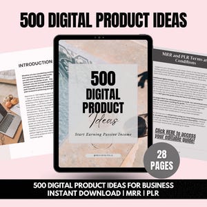 Op de afbeelding: Een digitale productgids met een omslag waarop een tablet te zien is met de tekst "500 digitale productideeën" en de slogan "Begin met passief inkomen verdienen". De gids is 28 pagina's lang en bevat informatie over MRR- en PLR-voorwaarden.
