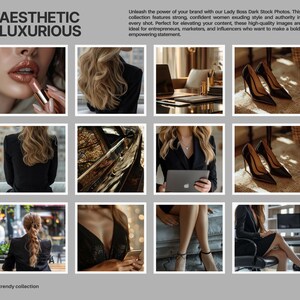 Puede incluir: Un collage de im&aacute;genes que muestran a una mujer con un blazer negro, una mujer con l&aacute;piz labial rojo, una mujer con una computadora port&aacute;til, una mujer con un tel&eacute;fono, una mujer sentada en una silla y una mujer con el pelo recogido en una coleta. Las im&aacute;genes tienen un estilo oscuro y melanc&oacute;lico, con un enfoque en la moda y la belleza.