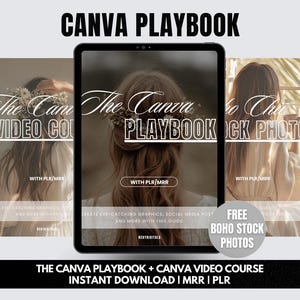 May include: A digital product mockup featuring three images of a Canva Playbook and a Canva Video Course. The images are set against a white background with the text "The Canva Playbook + Canva Video Course Instant Download | MRR | PLR" at the bottom.