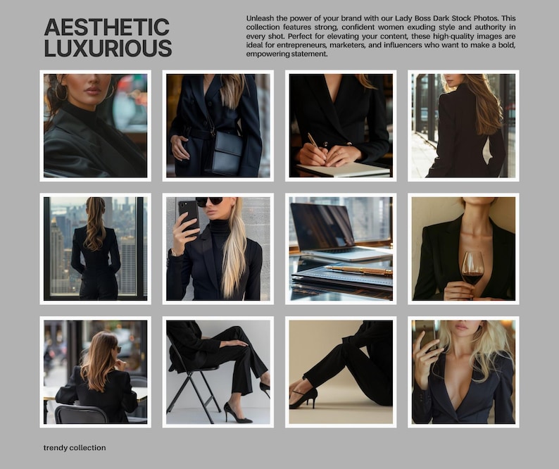 Puede incluir: Un collage de nueve im&aacute;genes con mujeres en trajes negros, mostrando diferentes poses y escenarios. Las im&aacute;genes transmiten una sensaci&oacute;n de confianza y estilo.