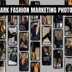 Puede incluir: Un collage de im&aacute;genes con mujeres que visten ropa y accesorios negros. Las im&aacute;genes est&aacute;n dispuestas en una cuadr&iacute;cula y presentan una variedad de poses y estilos. El texto "DARK FASHION MARKETING PHOTOS" aparece en la parte superior del collage.
