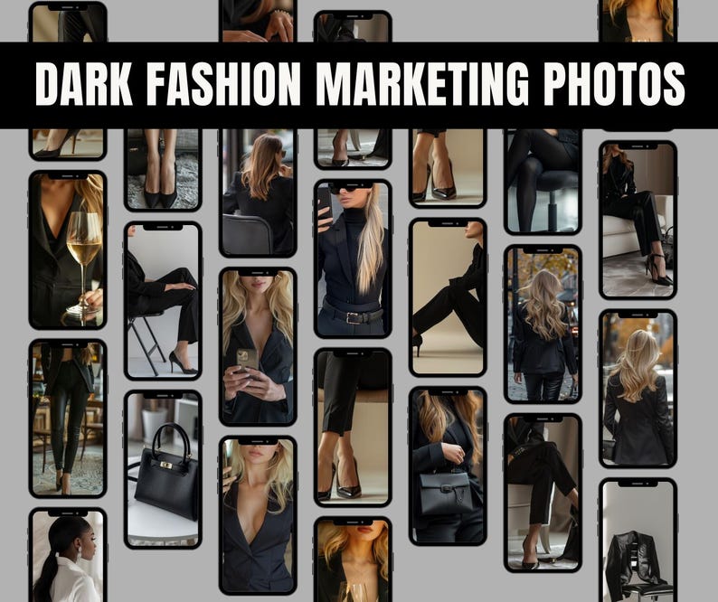 Puede incluir: Un collage de im&aacute;genes con mujeres que visten ropa y accesorios negros. Las im&aacute;genes est&aacute;n dispuestas en una cuadr&iacute;cula y presentan una variedad de poses y estilos. El texto "DARK FASHION MARKETING PHOTOS" aparece en la parte superior del collage.