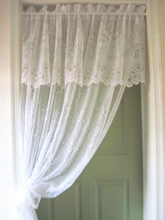 Vintage White Lace Window Panel With Attached Valance Floral Etsy