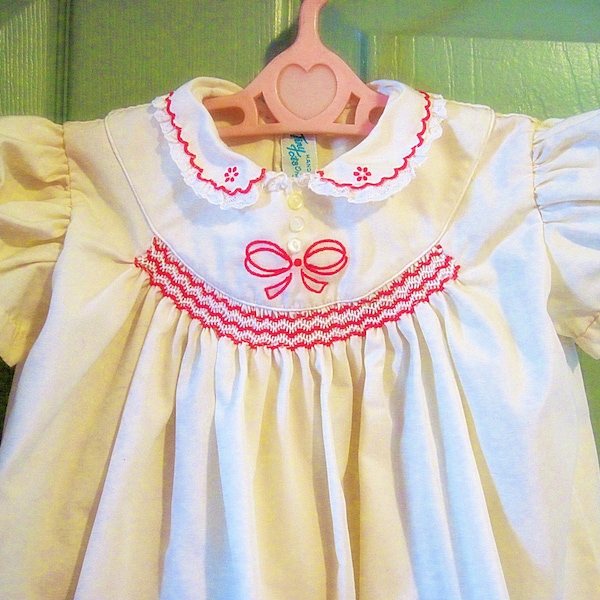 Vintage Tiny Tots Baby Dress - Smocked , Lace Trim Short Sleeve Dress - Cream and Red