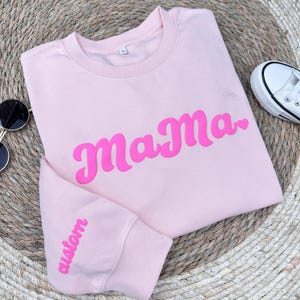 Sudadera rosa Puff Mama con nombres de niños/letras Puff/regalo para mamá/regalo de cumpleaños para mamá, regalo para mamá primeriza, suéter minimalista para mamá