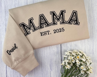 Custom Embroidered Mama Sweatshirt with Kids Names on Sleeve New Mom Hoodie Personalized Gift for Mom Crewneck Pullover