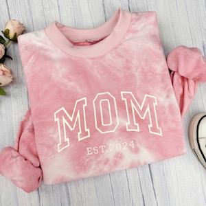 Tie Dye Custom Embroidered Sweatshirt, Name On Sleeve With Heart, Mama Est Year Shirt, Gift For New Mom, Mothers Day Gift