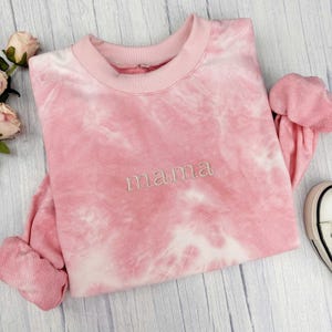 Tie Dye Custom Embroidered Sweatshirt, Name On Sleeve With Heart, Mama Est Year Shirt, Gift For New Mom, Mothers Day Gift