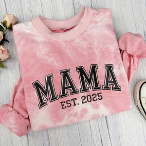 Tie Dye Custom Embroidered Sweatshirt, Name On Sleeve With Heart, Mama Est Year Shirt, Gift For New Mom, Mothers Day Gift