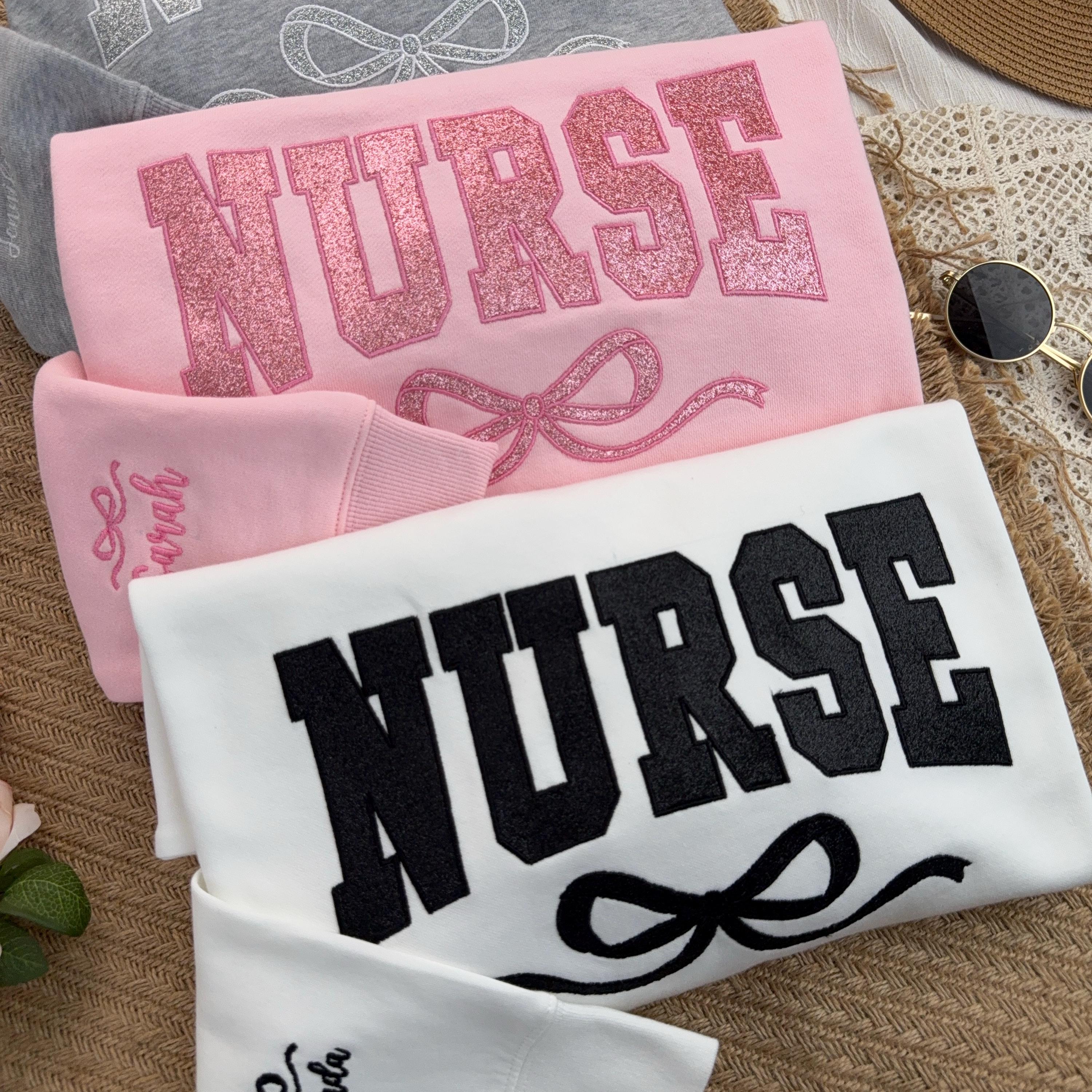 Black Bow Glitter nurse Sweatshirt with name on sleeve,Gift for Grad,New Nurse Gift,Nursing School Shirt,Healthcare worker sweater