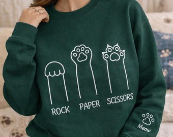 Schere Papier Sweatshirt, lustige Katze Pfoten Shirt, Unisex Rundhals Shirt für Katzenliebhaber, Katzenbesitzer Shirt, Katzenpfoten Shirts, Geschenk für Katzenmama