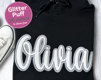 Suéter personalizado con nombre del equipo Puff, suéter con nombre del equipo con purpurina, sudadera con mascota de la escuela en relieve, camisa con espíritu escolar, alegría, mamá de fútbol