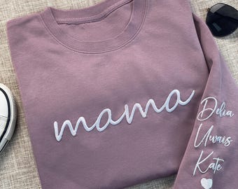 Sudadera de mamá bordada personalizada con nombres de niños en la manga, sudadera con capucha bordada personalizada para mamá, atuendos de cumpleaños, regalos de anuncio de bebé