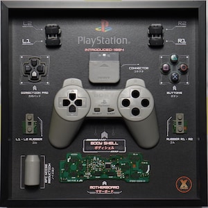 Könnte beinhalten: Eine zerlegte PlayStation-Konsole mit einem schwarzen Rahmen und einem grauen Controller. Die Konsole ist mit "PlayStation" und "Einführung 1994" beschriftet. Der Controller hat ein graues Gehäuse mit schwarzen Tasten und einem schwarzen Steuerkreuz. Die Konsole ist auch mit "Body Shell" und "Motherboard" beschriftet.