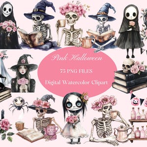 Spooky Halloween Watercolor Clipart Bundle | 75 PNG Gothic Skeletons, Witches, & Ghosts | Cute Creepy Illustrations , Pink Halloween