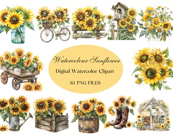 Pacchetto Clipart Girasole acquerello / 61 file PNG / Grafica floreale acquerello digitale / Arte girasole per Scrapbooking, Inviti,