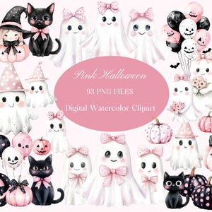 Paquete de imágenes prediseñadas de Halloween en acuarela rosa / 93 archivos PNG / Fantasmas, gatos y calabazas adorables / Arte digital de Halloween en tonos pastel para manualidades DIY